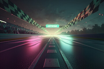 finish line of the brand-new racing track is lit up by the glow of the floodlights, while ecstatic fans cheer on the victorious driver, Generative AI	