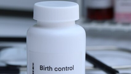 Birth control pill in white bottle, pill stock, medical or pharmacy concept