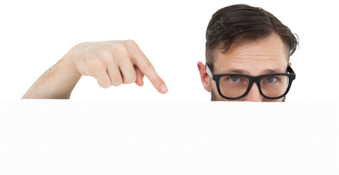 Geeky young hipster showing poster