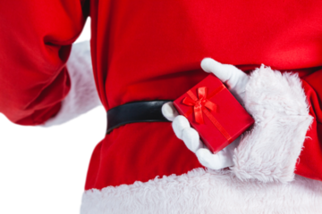 Santa Claus holding gift box behind his back 