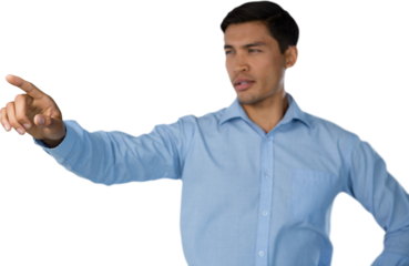 Young businessman touching invisible screen