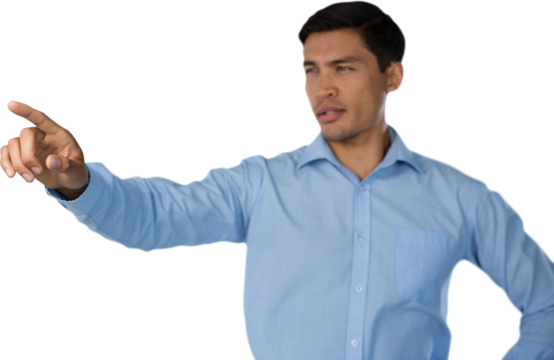 Young businessman touching invisible screen