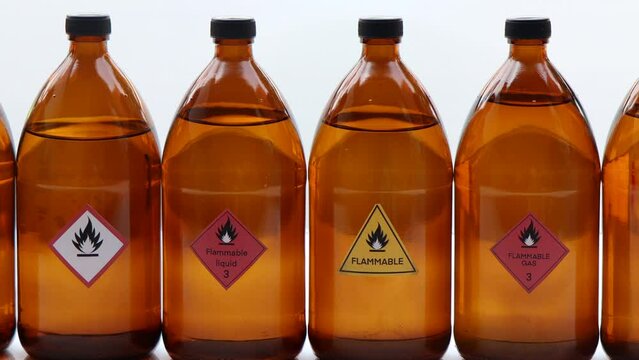 Flammable liquid symbol on the chemical bottle, hazardous chemicals in the industry