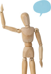 Thoughtful wooden 3d figurine standing with hand raised