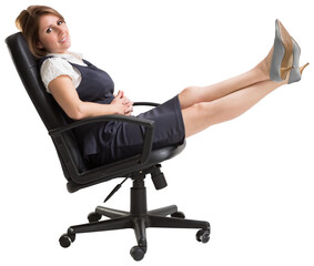 Portrait of smiling businesswoman relaxing on swivel chair - Powered by Adobe