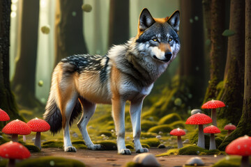 cute young Wolf standing in a magical forest with big red amanita muscaria mushrooms around it, background with moss and trees. generative ai illustration