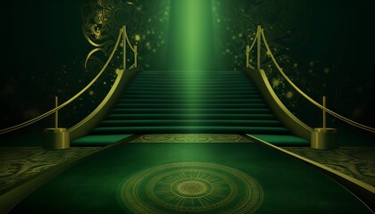 Green Carpet Bollywood Stage, Green Steps Spot Light Backdrop of the Golden Regal Awards. Generative ai
