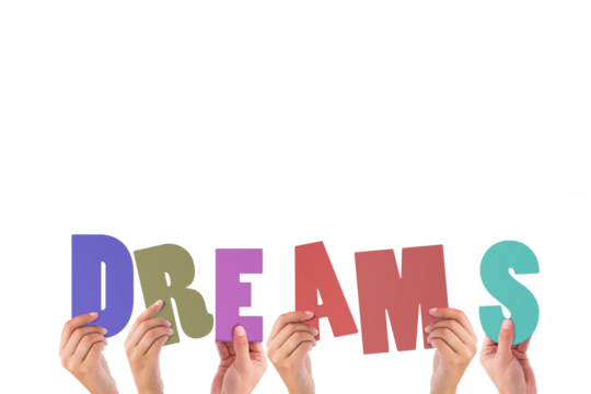 Cropped hands holding colorful word dreams 