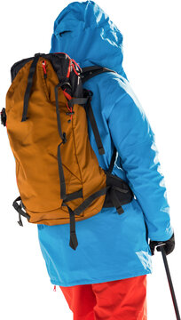 Rear view of skier holding ski pole
