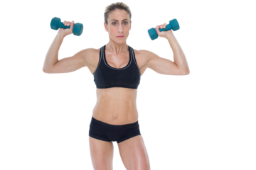 Female bodybuilder holding two dumbbells with arms up
