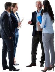 Full length of colleagues discussing against white background