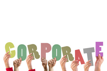Colorful alphabet spelling corporate held up by people