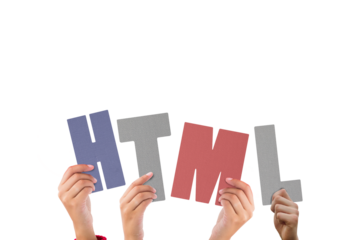 Colorful alphabet spelling HTML held up by people 