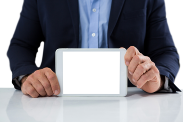 Mid section of businessman showing digital table