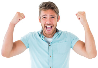 Handsome young man cheering at camera