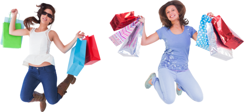 Women holding shopping bags while jumping - Powered by Adobe