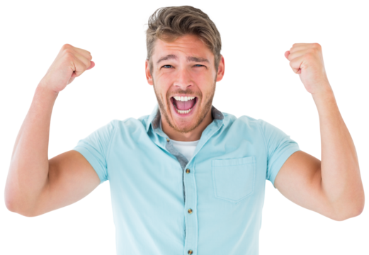 Handsome young man cheering at camera