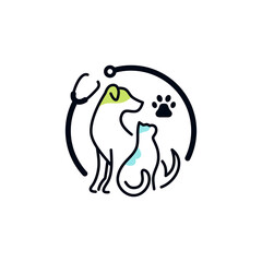 a combined dog and cat logo and a stethoscope symbolizing pet medical care