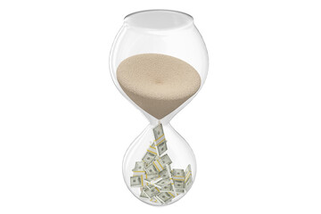 High angle view of hourglass with sand and banknote
