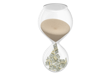 High angle view of hourglass with sand and banknote