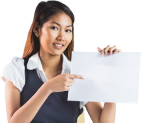 Smiling businesswoman pointing a sheet of paper