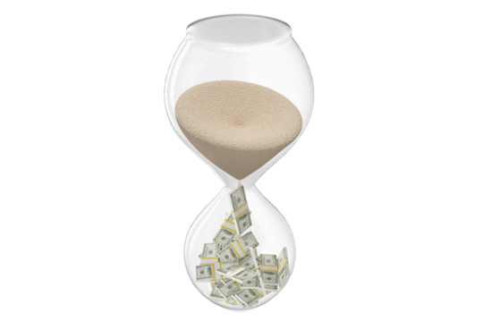 High angle view of hourglass with sand and banknote