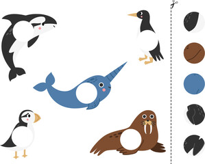 Cut and glue game for kids. Cute arctic animals.