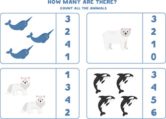Counting game with cute Arctic animals. Educational worksheet. © Milya Shaykh