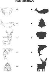 Find the correct shadows of black and white arctic animals. Logical puzzle for kids.