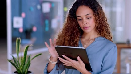 Focused business woman on tablet in office for company market research, planning or review on app software at night. Biracial worker, manager or person on digital technology for startup data analysis - Powered by Adobe
