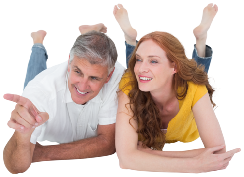 Casual couple lying on floor