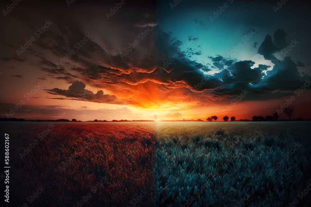 Wall mural sunset over the field created using ai generative technology