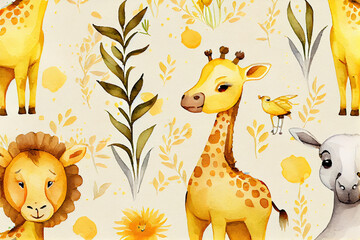 Playful baby yellow background with hand-painted animals and leafy floral elements. Ideal for wallpaper or children's textile fabric. Generative AI