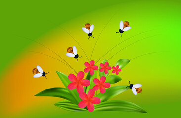 Swarm of bees 3d. Flight of insects in the garden or field with flowers, collection of nectar in the apiary. Pollination of plants, meadow, garden, red spring flowers. Bee in wildlife. Vector 3d.
