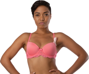 Woman standing for breast cancer awareness with ribbon against white background