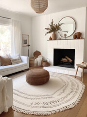 A white living room with a rug, wooden floors and an antique fireplace, in the style of earth tone color palette, multi layered, natural fibers, rug, cottagecore, large canvas sizes, ai generative
