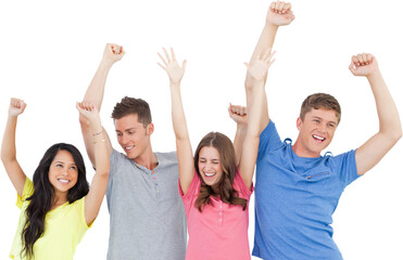 Four friends party together with hands in the air 