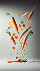 Group of Carrots Vegetable Creatively Falling-Dripping Flying or Splashing on White Background Generative AI