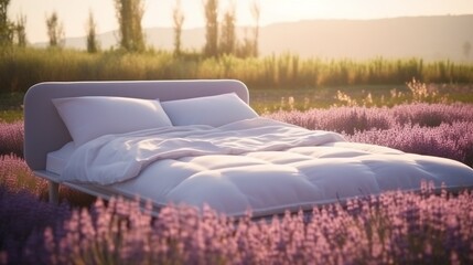 Cozy bed lies in spring lavender field