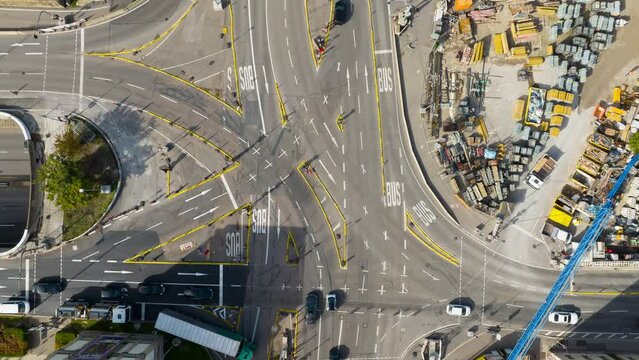 sunny day stuttgart city center traffic street square construction topdown aerial panorama 4k timelapse germany 