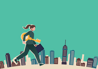 鍵を持ち街を走る女性会社員　都市背景　人物フラットイラスト