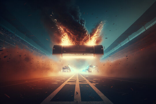 thrilling spectacle of racing reaches it at the newly constructed track, where cheering fans and dazzling floodlights greet the winner at the finish line,  Generative AI	