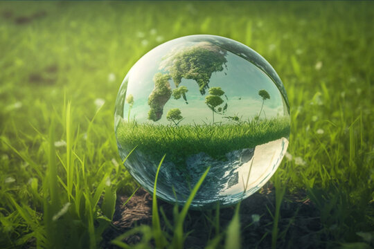 Transparent glass globe on green field 3d rendering,  Generative AI	