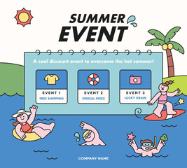 flat vector illustration. Summer event template. sea background. People are playing while swimming. - 588603934