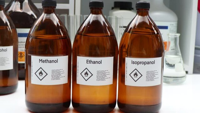 Ethanol, Methanol, Isopropanol in glass, Hazardous chemicals and symbols on containers in industry or laboratory 