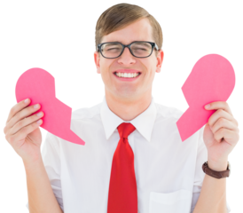 Geeky hipster holding a broken heart card