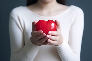 A woman holds a red heart in her hands. Generative AI
