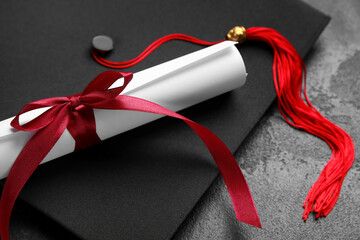 Diploma with red ribbon and graduation hat on black table