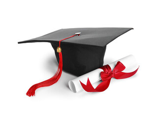 Diploma with red ribbon and graduation hat isolated on white background