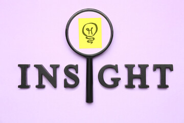 Word INSIGHT with magnifier and drawn light bulb on lilac background